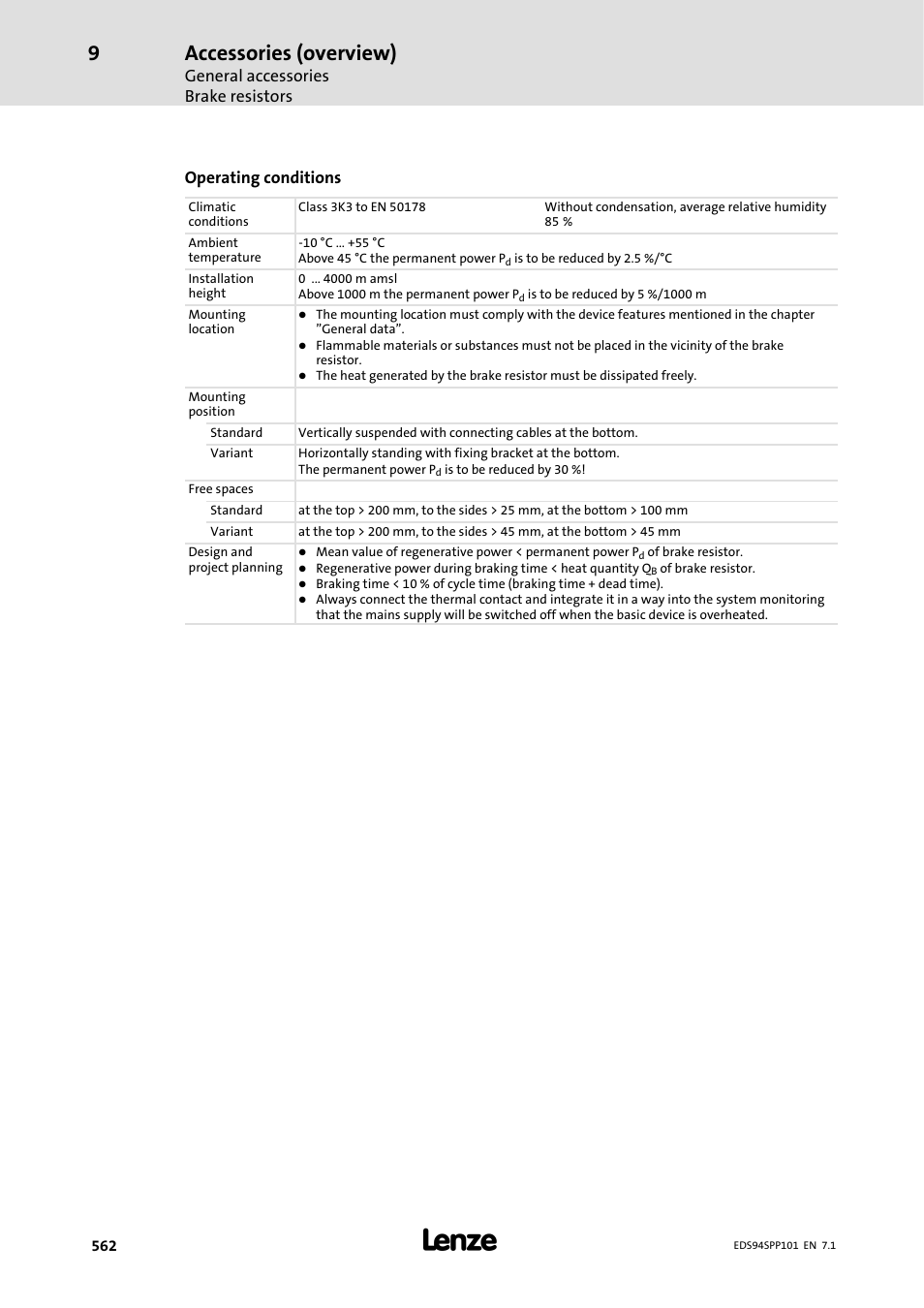 Accessories (overview), General accessories brake resistors, Operating conditions | Lenze 9400 Manual User Manual | Page 564 / 584