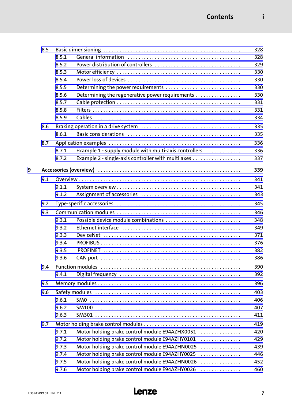 Contents i | Lenze 9400 Manual User Manual | Page 7 / 584