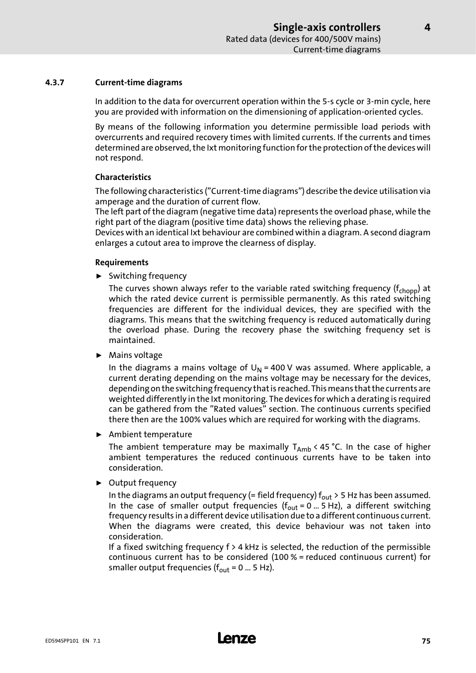 7 current-time diagrams, Current-time diagrams, Single-axis controllers | Lenze 9400 Manual User Manual | Page 75 / 584