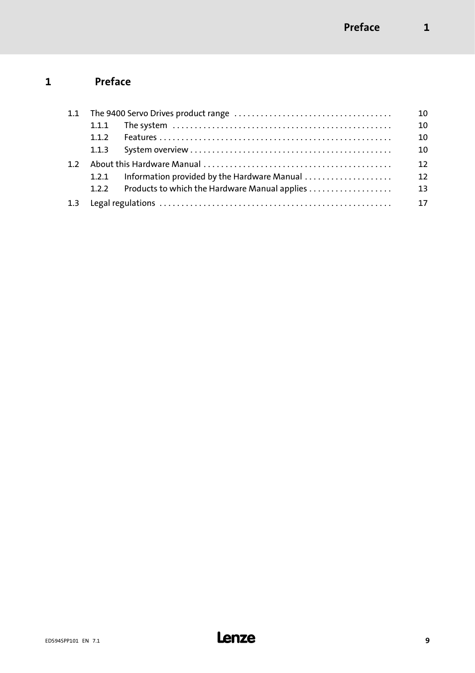 1 preface, Preface, Preface 1 | 1preface | Lenze 9400 Manual User Manual | Page 9 / 584