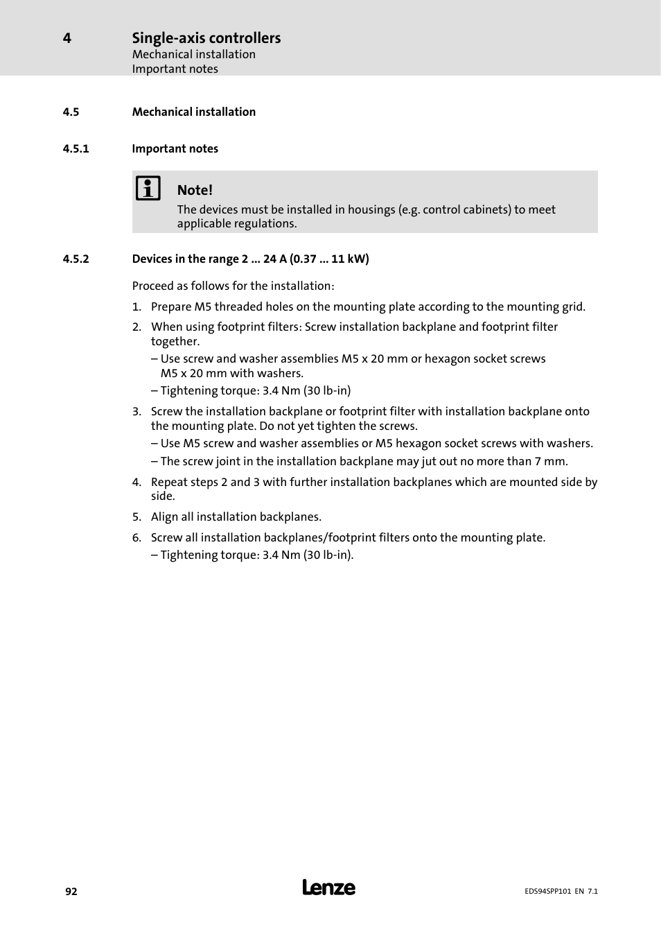 5 mechanical installation, 1 important notes, 2 devices in the range 2 24 a ( 0.37 11 kw) | Important notes, Devices in the range 2 a (0.37 kw) | Lenze 9400 Manual User Manual | Page 92 / 584