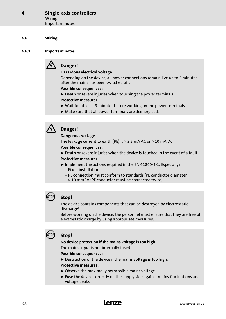 6 wiring, 1 important notes, Important notes | Lenze 9400 Manual User Manual | Page 98 / 584