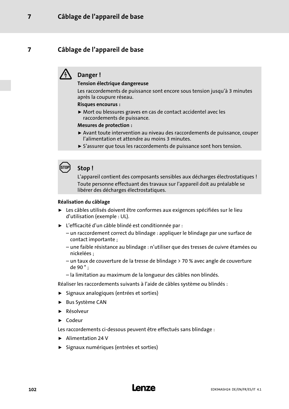 7 câblage de l'appareil de base, Câblage de l’appareil de base 7, 7câblage de l’appareil de base | Lenze 9400 Mounting Instructions User Manual | Page 102 / 208