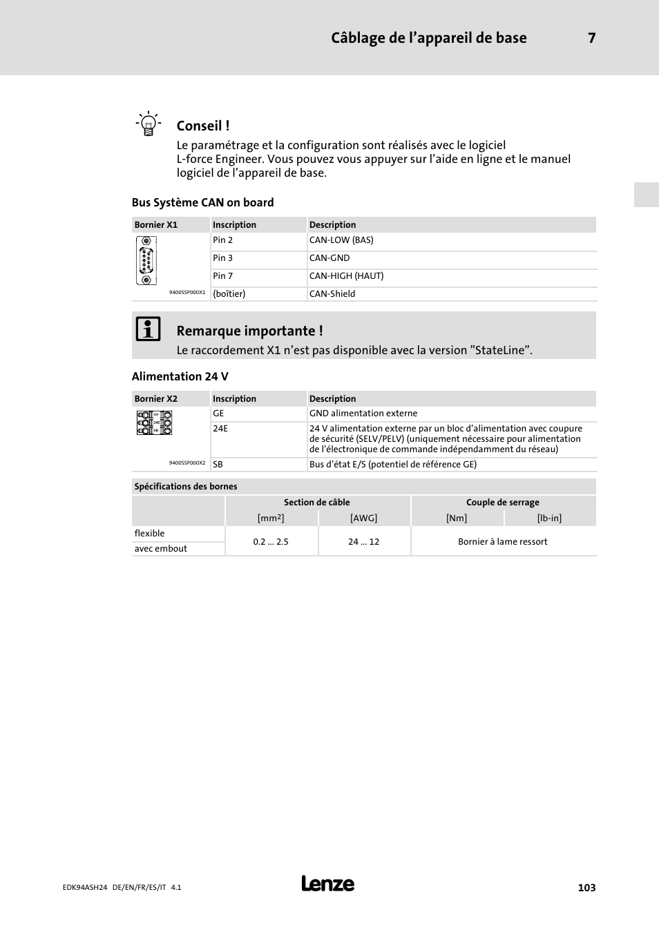 Câblage de l’appareil de base 7, Conseil, Remarque importante | Lenze 9400 Mounting Instructions User Manual | Page 103 / 208