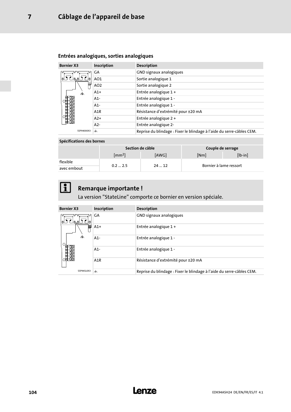 Câblage de l’appareil de base 7, Remarque importante | Lenze 9400 Mounting Instructions User Manual | Page 104 / 208