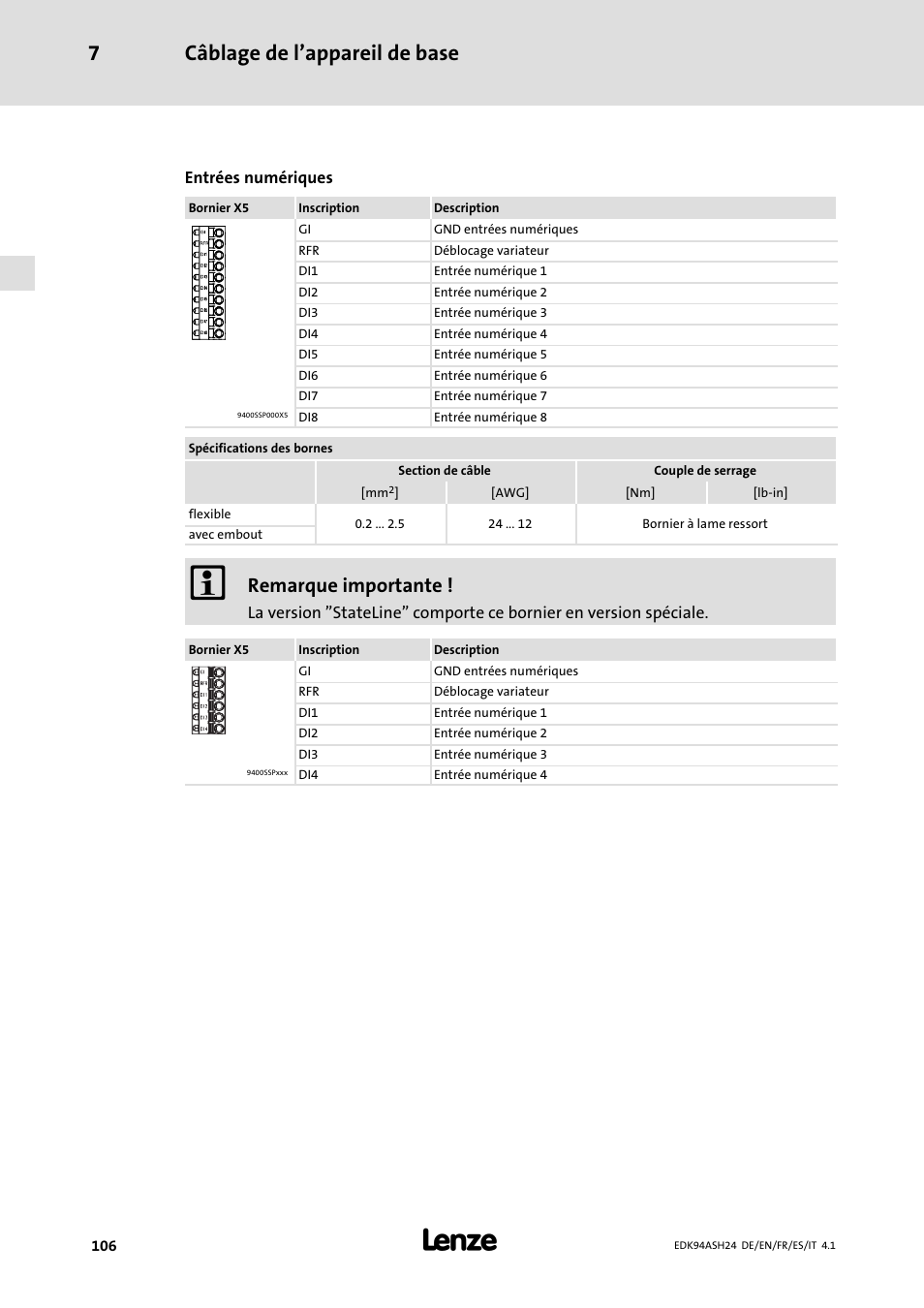 Câblage de l’appareil de base 7, Remarque importante | Lenze 9400 Mounting Instructions User Manual | Page 106 / 208