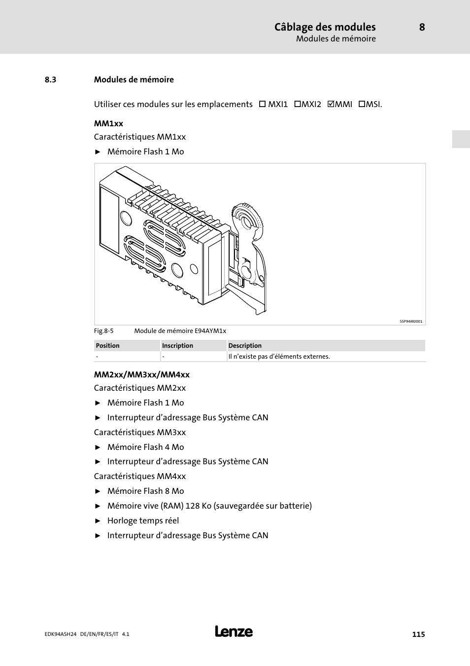3 modules de mémoire, Câblage des modules | Lenze 9400 Mounting Instructions User Manual | Page 115 / 208