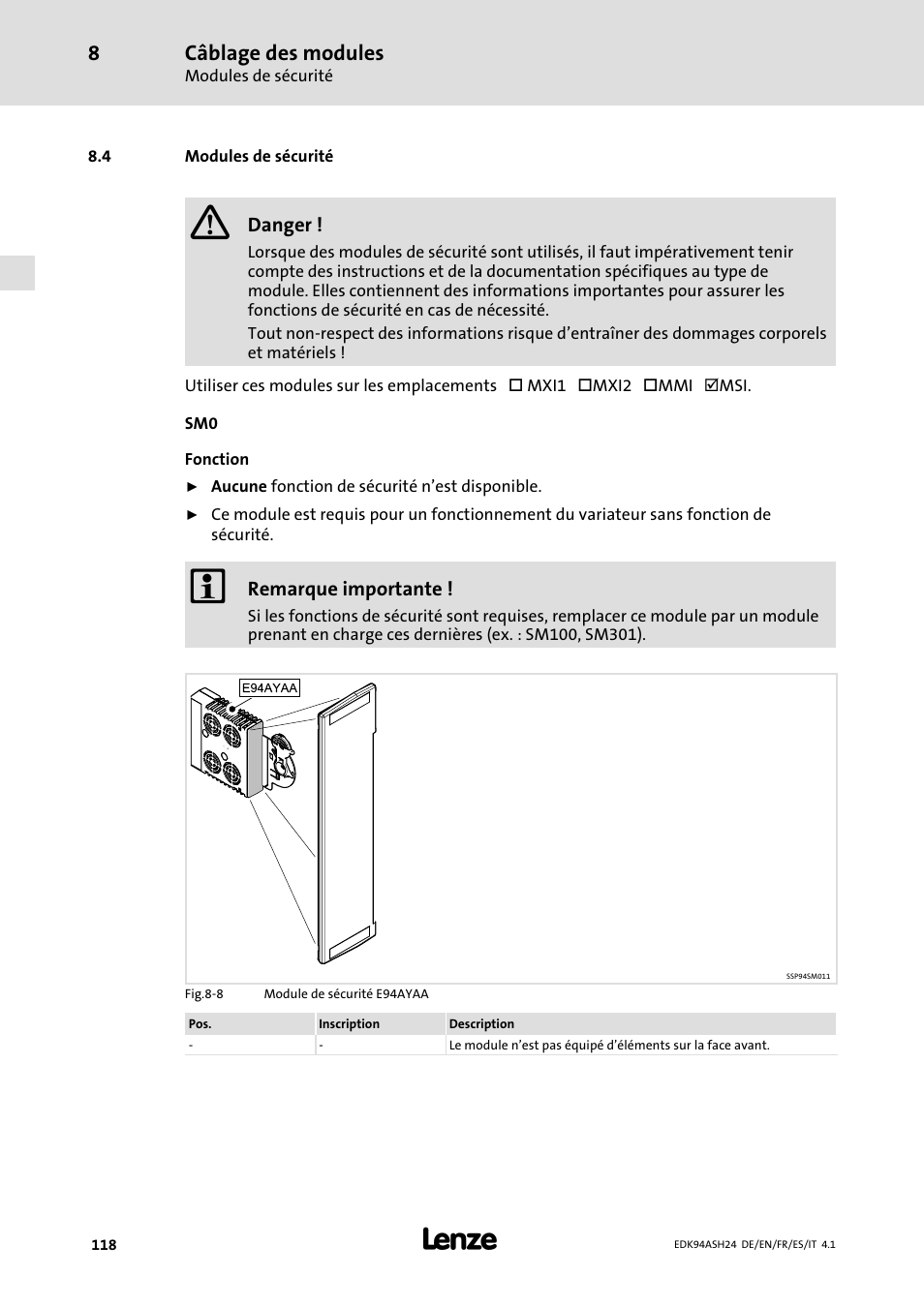 4 modules de sécurité, Câblage des modules | Lenze 9400 Mounting Instructions User Manual | Page 118 / 208