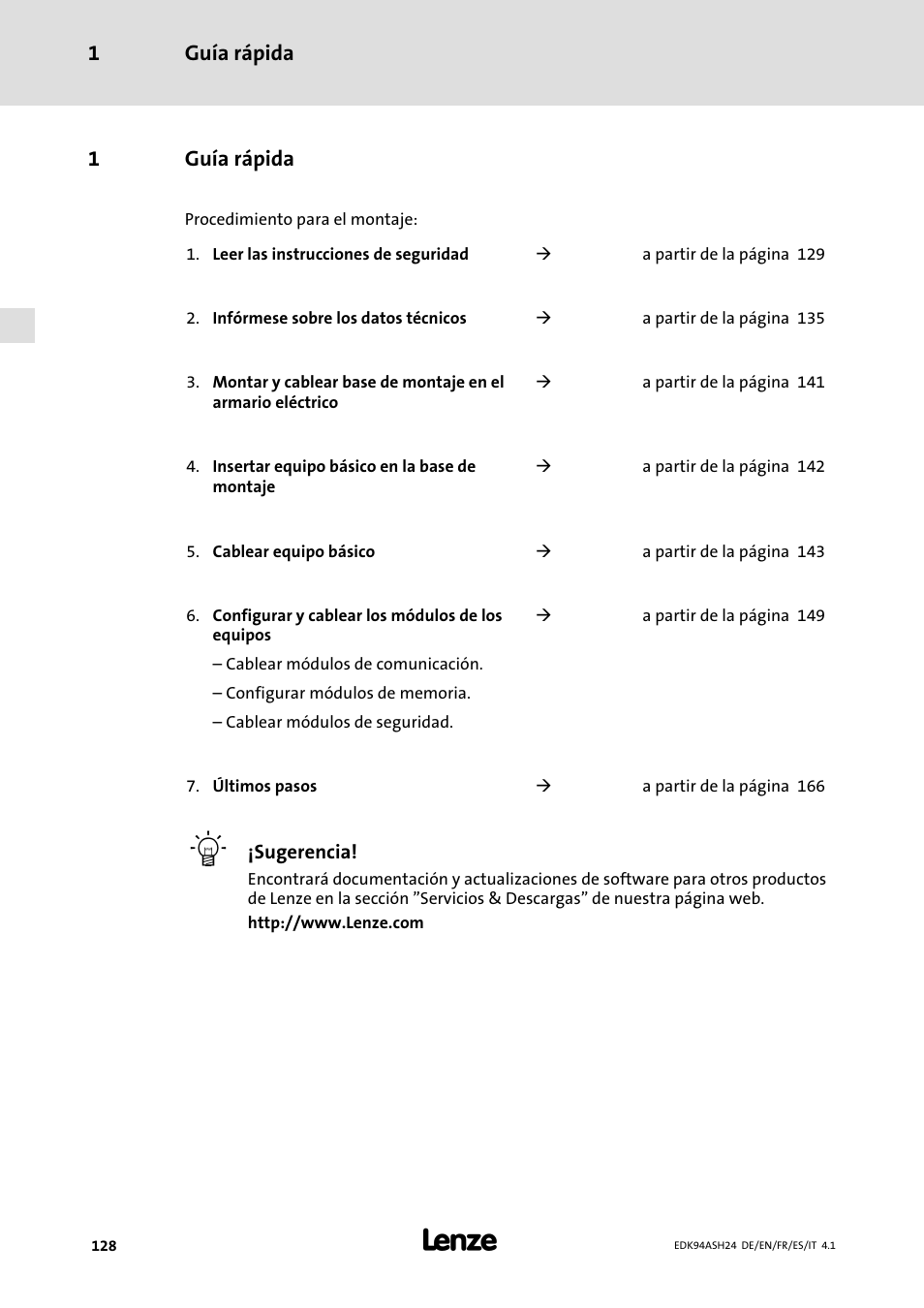 1 guía rápida, Guía rápida 1, 1guía rápida | Lenze 9400 Mounting Instructions User Manual | Page 128 / 208