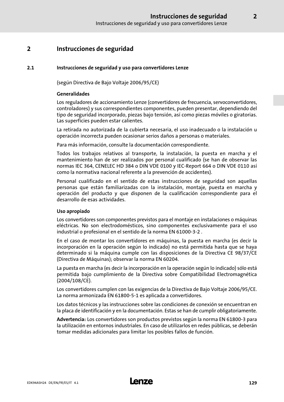2 instrucciones de seguridad, Instrucciones de seguridad, 2instrucciones de seguridad | Lenze 9400 Mounting Instructions User Manual | Page 129 / 208