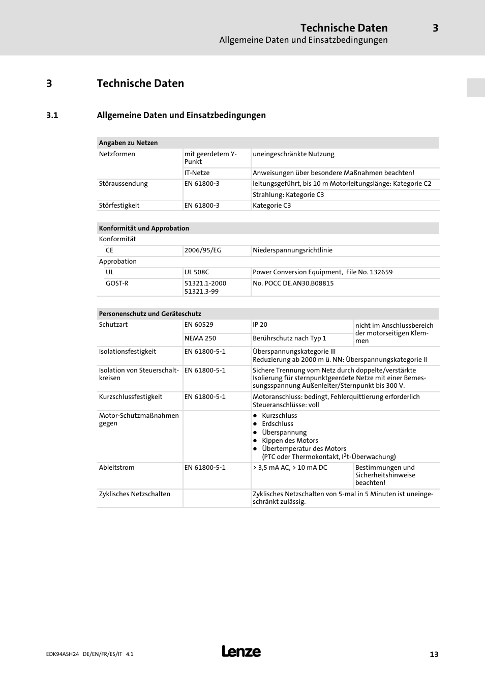 3 technische daten, 1 allgemeine daten und einsatzbedingungen, Ab seite 13 | Technische daten, 3technische daten | Lenze 9400 Mounting Instructions User Manual | Page 13 / 208
