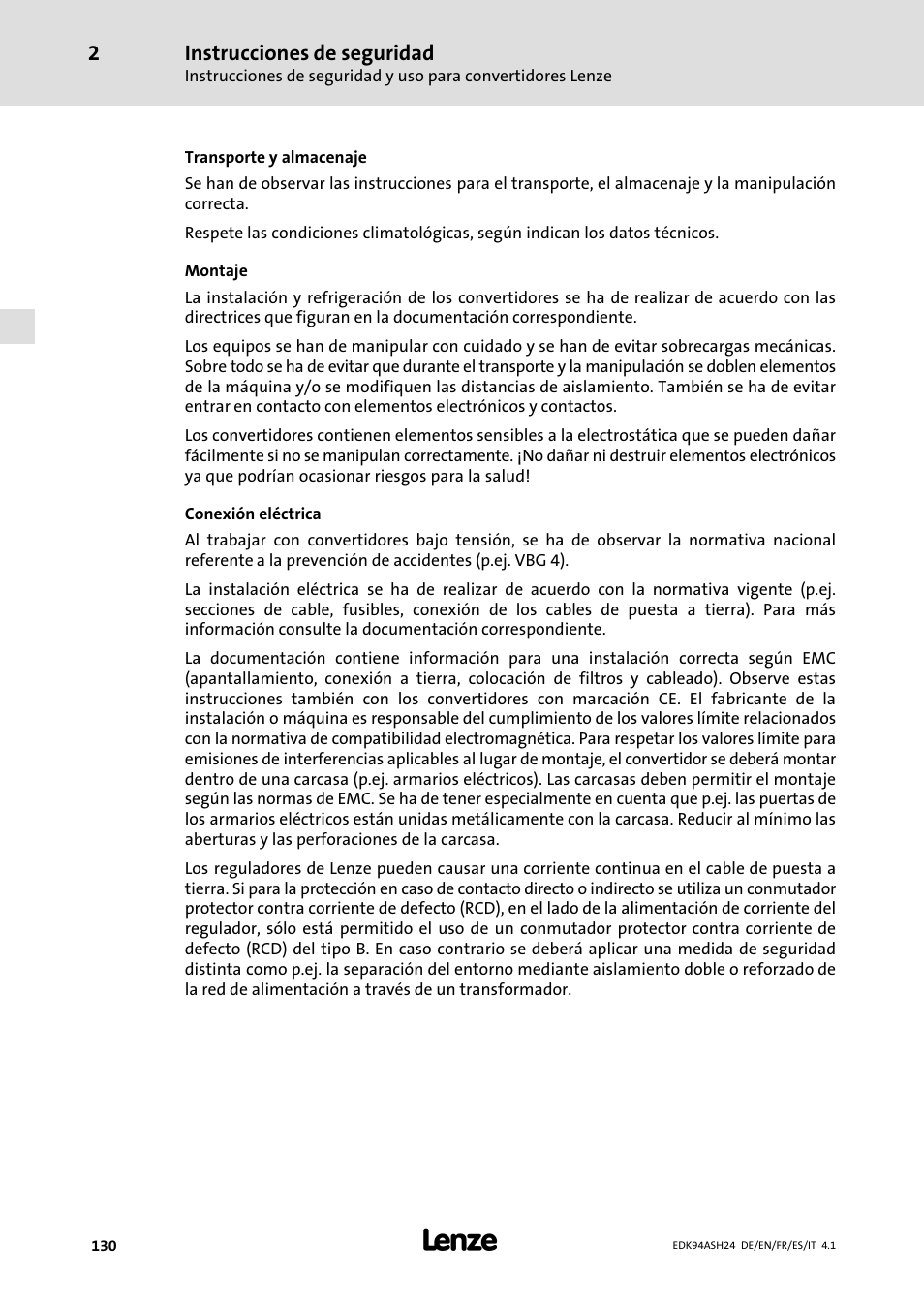 Instrucciones de seguridad | Lenze 9400 Mounting Instructions User Manual | Page 130 / 208