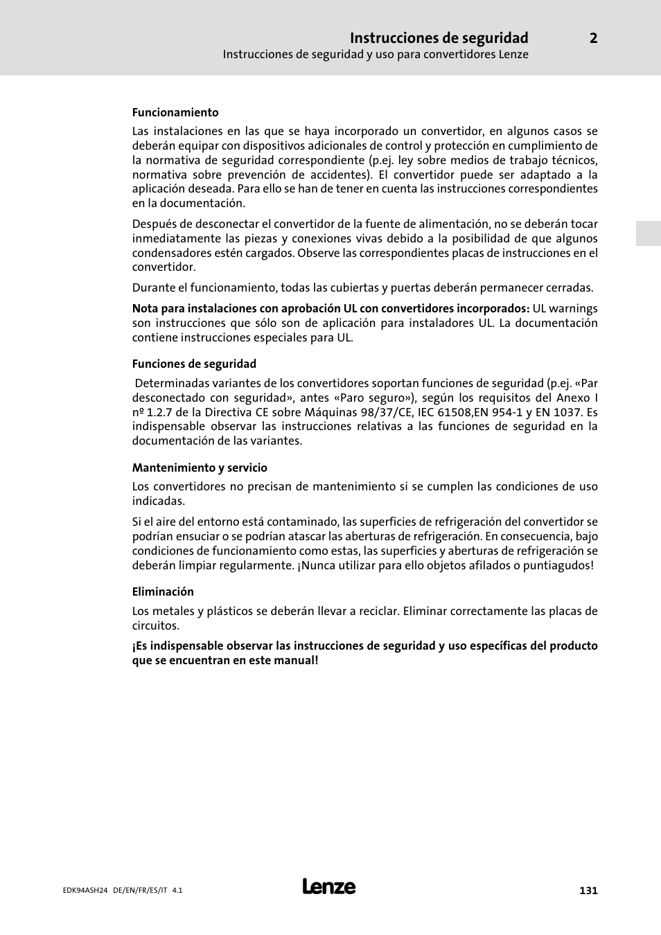 Instrucciones de seguridad | Lenze 9400 Mounting Instructions User Manual | Page 131 / 208