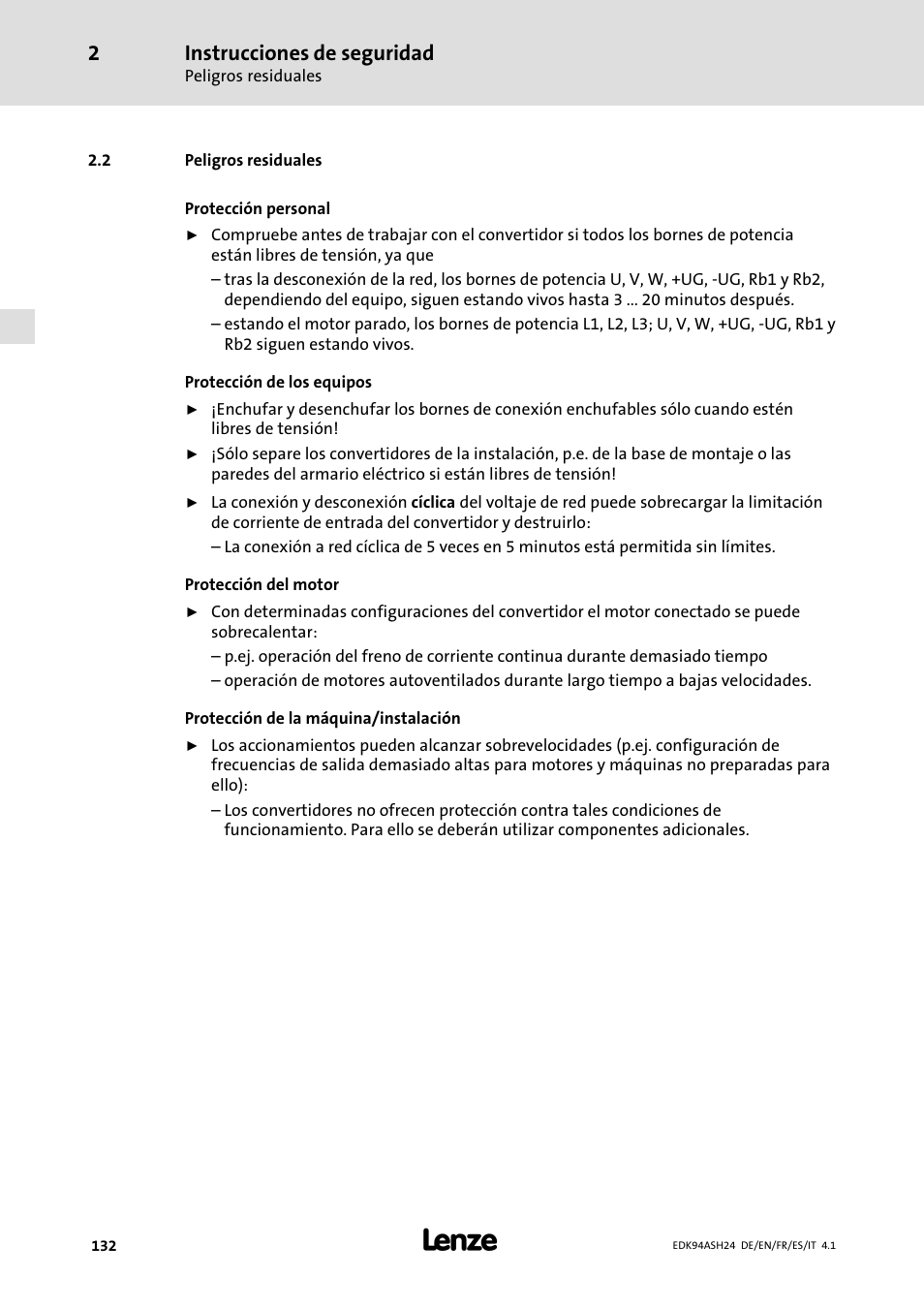 2 peligros residuales, Instrucciones de seguridad | Lenze 9400 Mounting Instructions User Manual | Page 132 / 208