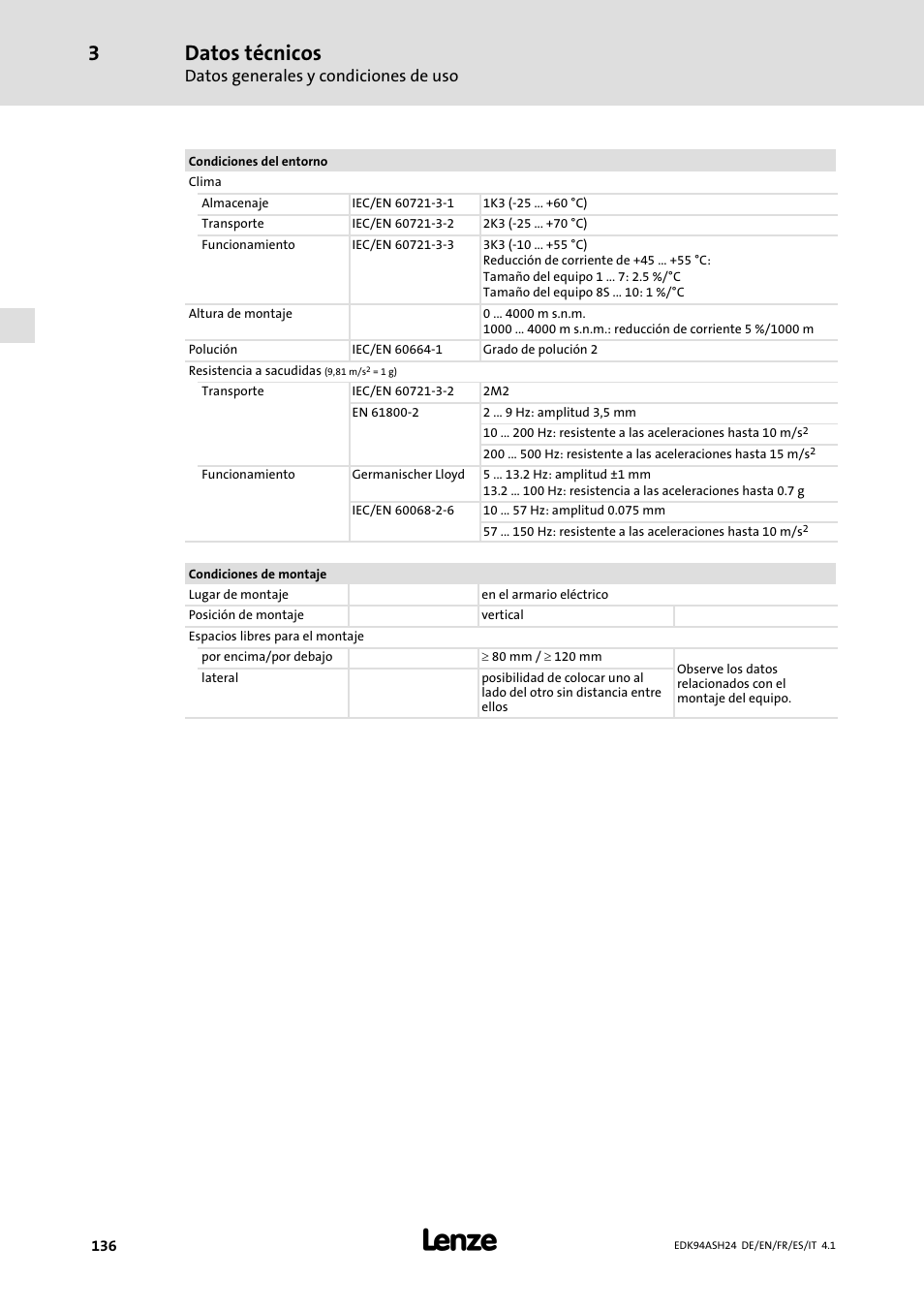 Datos técnicos, Datos generales y condiciones de uso | Lenze 9400 Mounting Instructions User Manual | Page 136 / 208