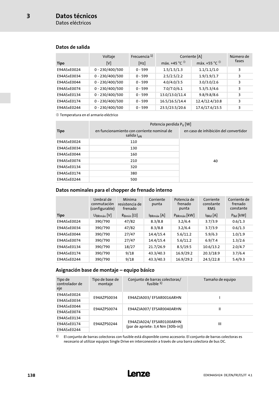 Datos técnicos, Datos eléctricos, Datos de salida | Datos nominales para el chopper de frenado interno, Asignación base de montaje ˘ equipo básico | Lenze 9400 Mounting Instructions User Manual | Page 138 / 208