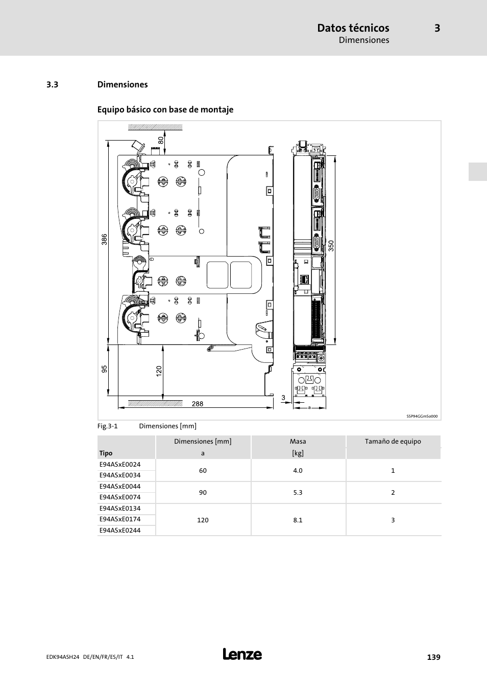 3 dimensiones, Datos técnicos | Lenze 9400 Mounting Instructions User Manual | Page 139 / 208