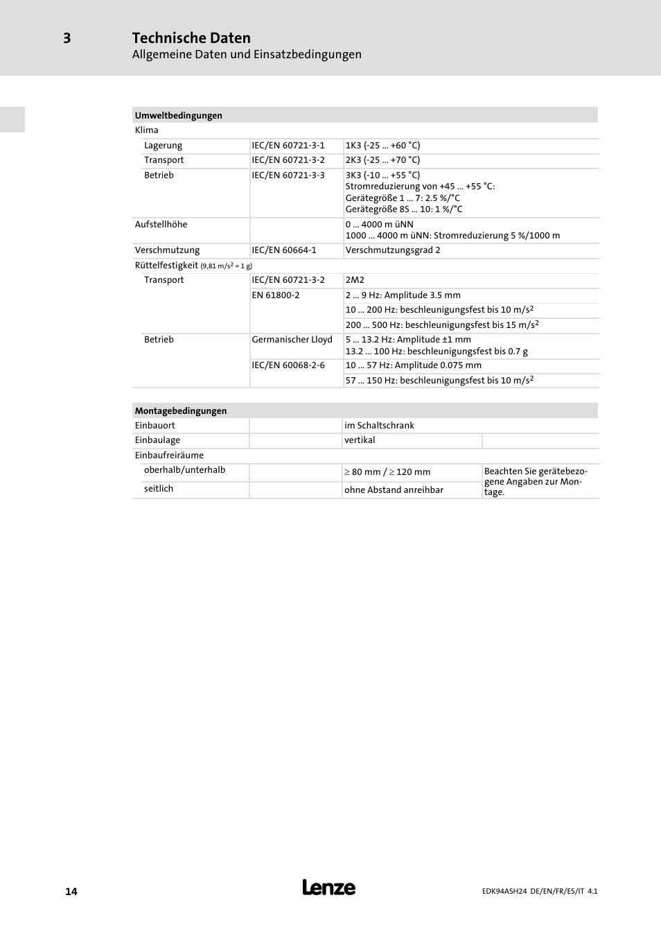 Technische daten, Allgemeine daten und einsatzbedingungen | Lenze 9400 Mounting Instructions User Manual | Page 14 / 208