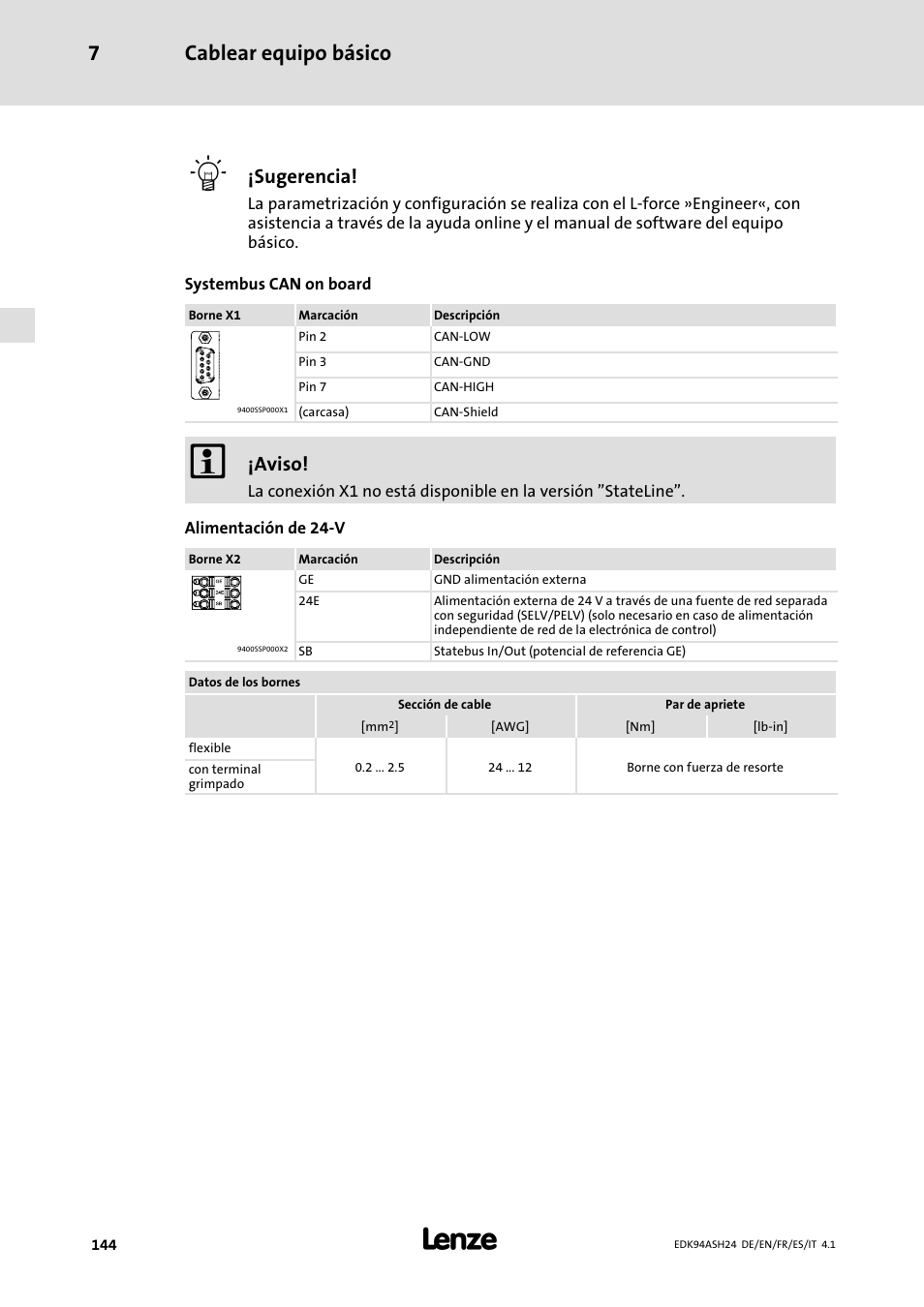 Cablear equipo básico 7, Sugerencia, Aviso | Lenze 9400 Mounting Instructions User Manual | Page 144 / 208