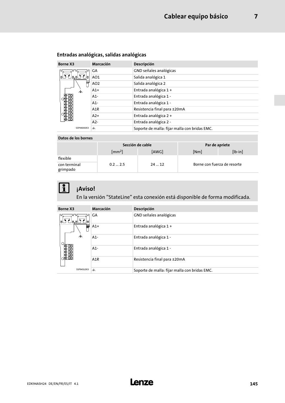 Cablear equipo básico 7, Aviso | Lenze 9400 Mounting Instructions User Manual | Page 145 / 208