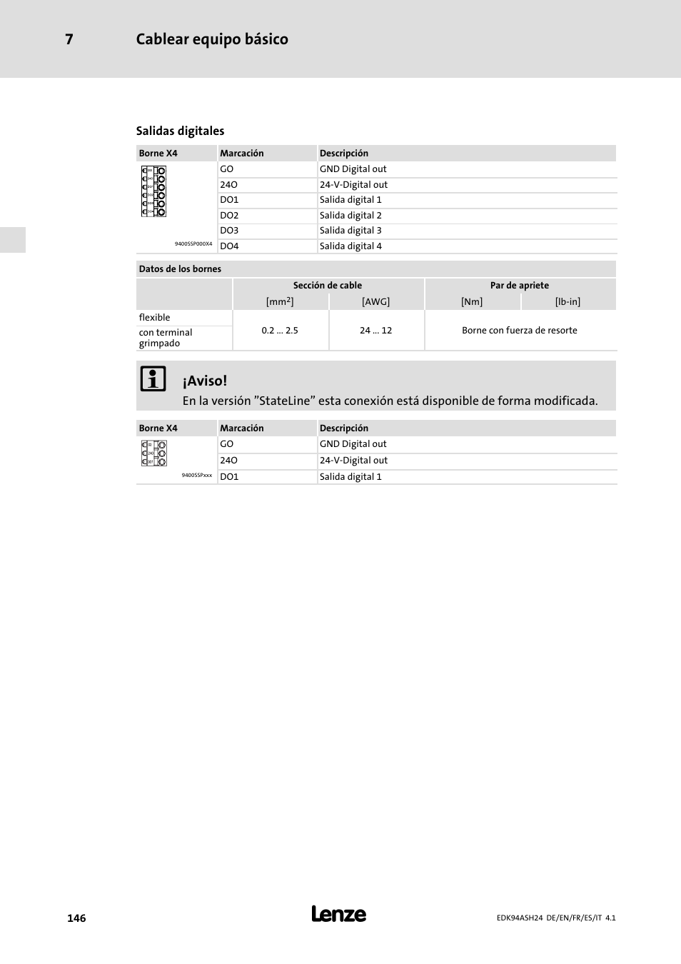 Cablear equipo básico 7, Aviso | Lenze 9400 Mounting Instructions User Manual | Page 146 / 208