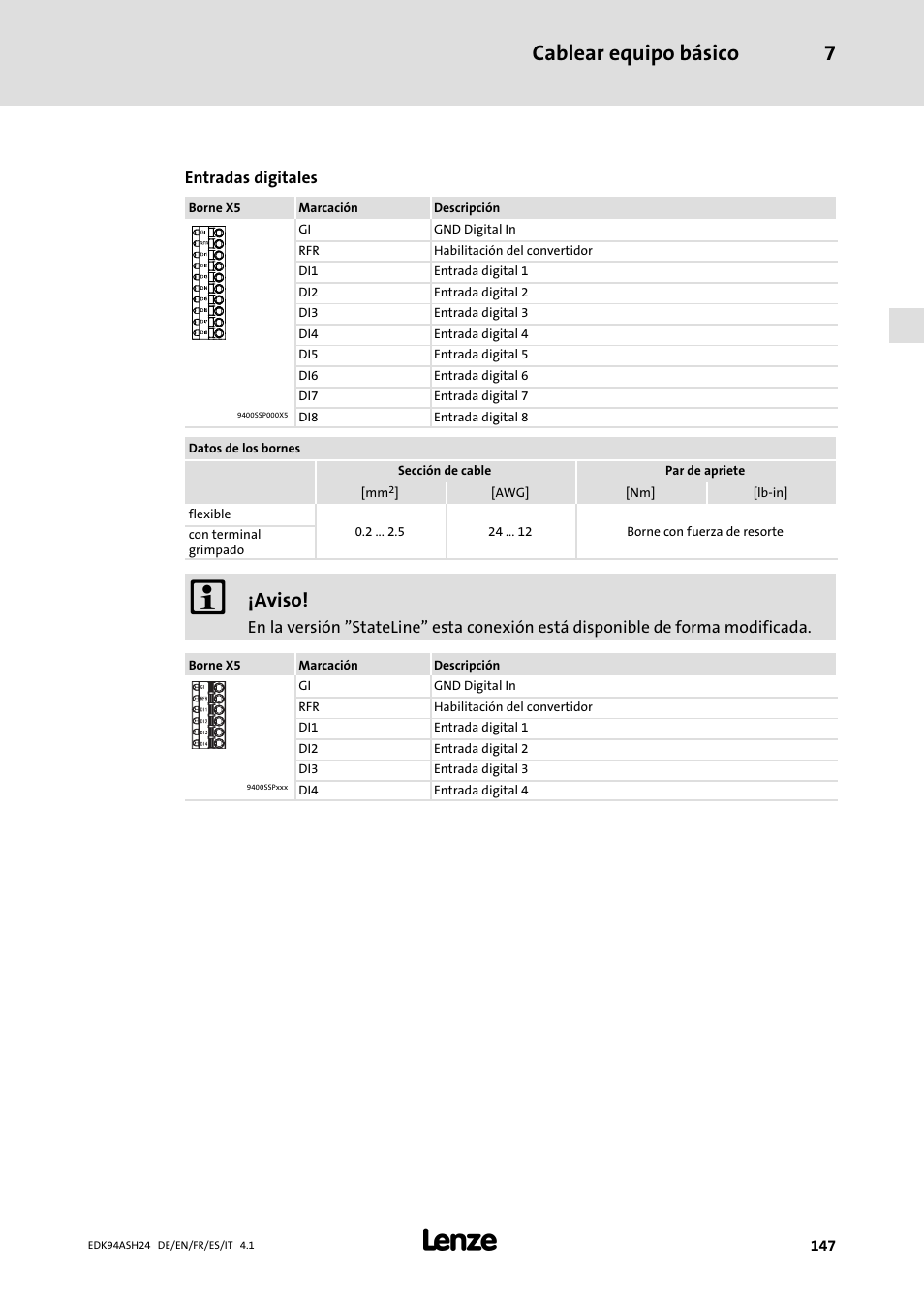 Cablear equipo básico 7, Aviso | Lenze 9400 Mounting Instructions User Manual | Page 147 / 208