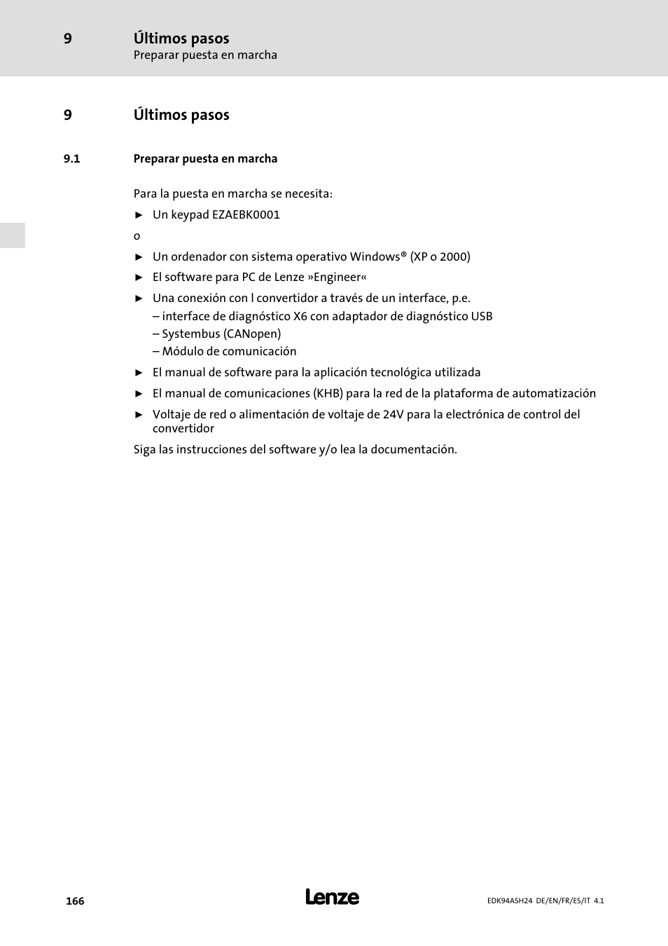 9 últimos pasos, 1 preparar puesta en marcha, Últimos pasos | 9últimos pasos | Lenze 9400 Mounting Instructions User Manual | Page 166 / 208