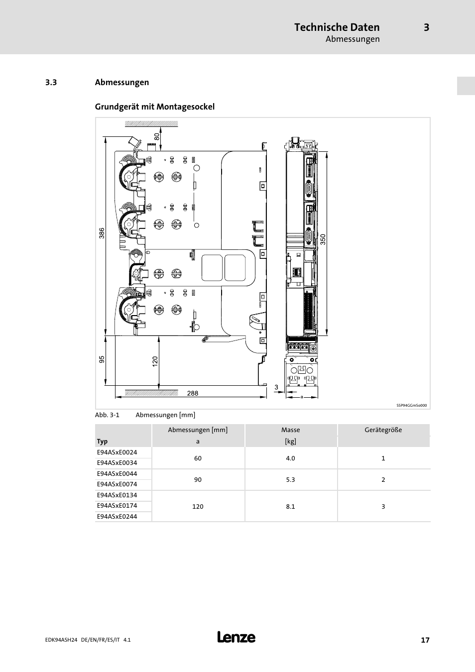 3 abmessungen, Technische daten | Lenze 9400 Mounting Instructions User Manual | Page 17 / 208