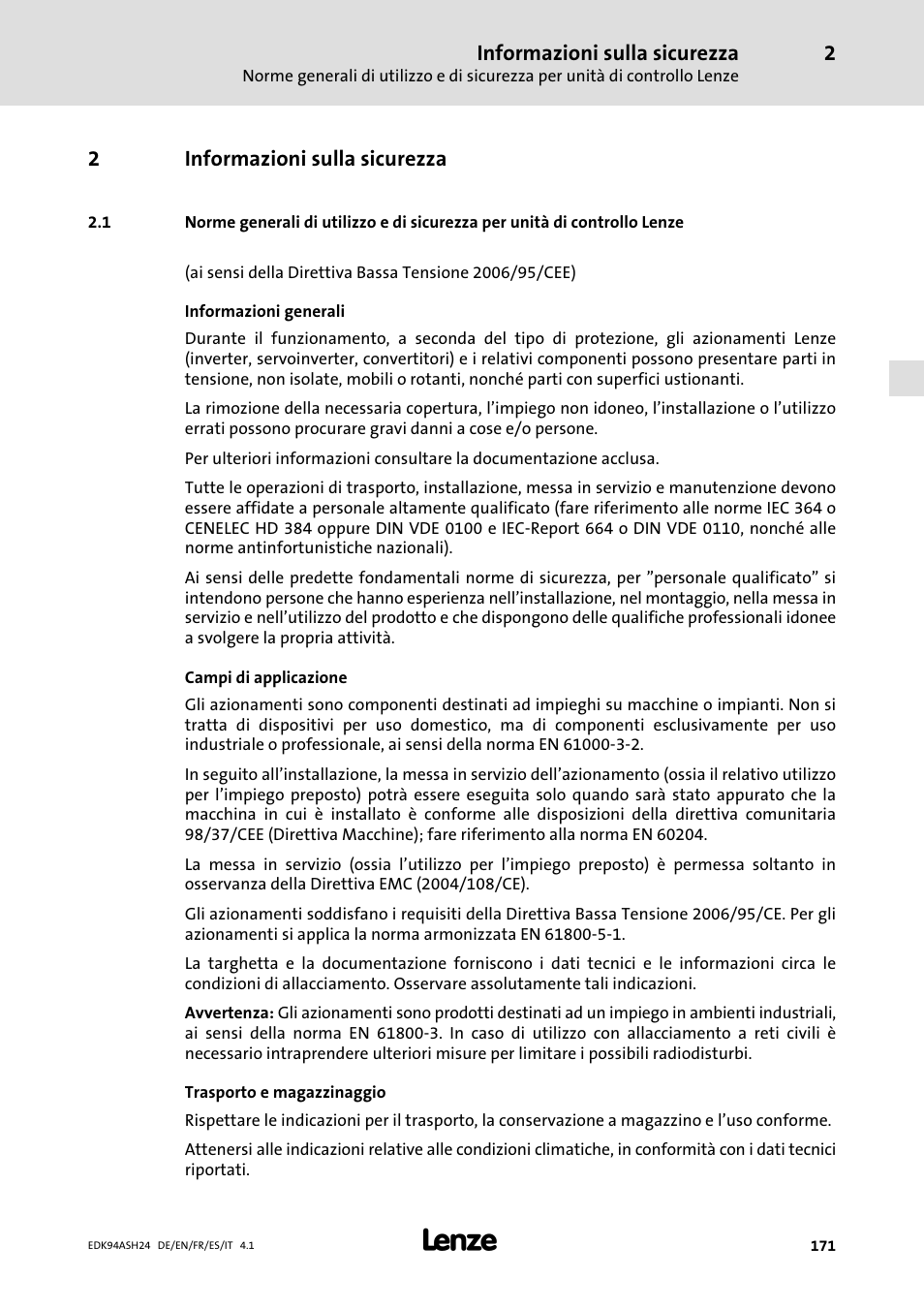 2 informazioni sulla sicurezza, Informazioni sulla sicurezza, 2informazioni sulla sicurezza | Lenze 9400 Mounting Instructions User Manual | Page 171 / 208