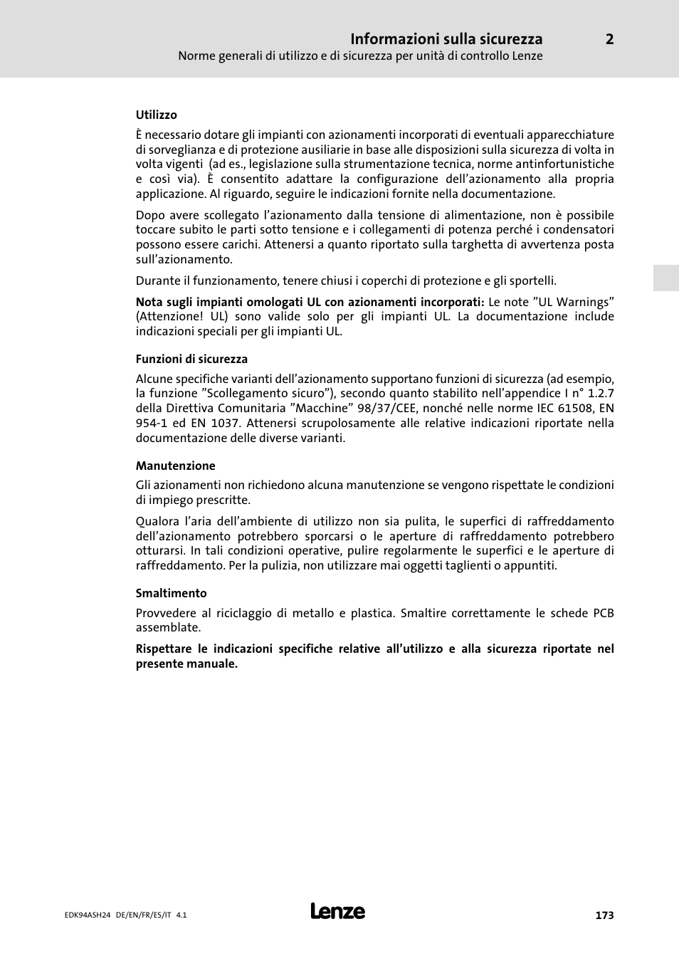 Informazioni sulla sicurezza | Lenze 9400 Mounting Instructions User Manual | Page 173 / 208