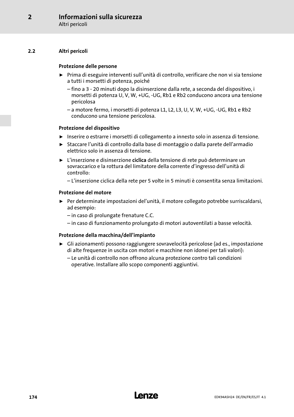 2 altri pericoli, Informazioni sulla sicurezza | Lenze 9400 Mounting Instructions User Manual | Page 174 / 208