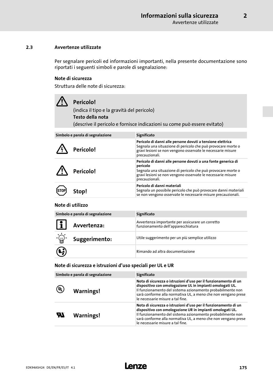 3 avvertenze utilizzate | Lenze 9400 Mounting Instructions User Manual | Page 175 / 208