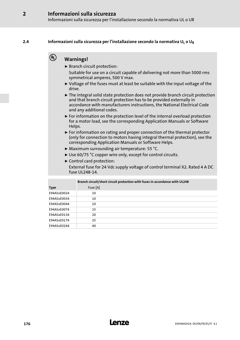 Informazioni sulla sicurezza, Warnings | Lenze 9400 Mounting Instructions User Manual | Page 176 / 208