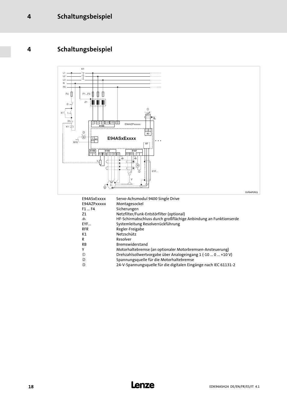 4 schaltungsbeispiel, Schaltungsbeispiel 4, 4schaltungsbeispiel | Lenze 9400 Mounting Instructions User Manual | Page 18 / 208