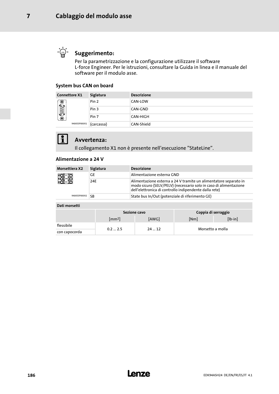 Cablaggio del modulo asse 7, Suggerimento, Avvertenza | Lenze 9400 Mounting Instructions User Manual | Page 186 / 208