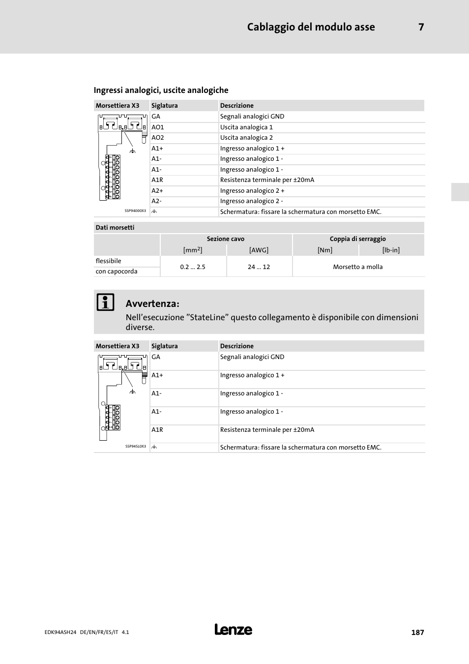 Cablaggio del modulo asse 7, Avvertenza | Lenze 9400 Mounting Instructions User Manual | Page 187 / 208