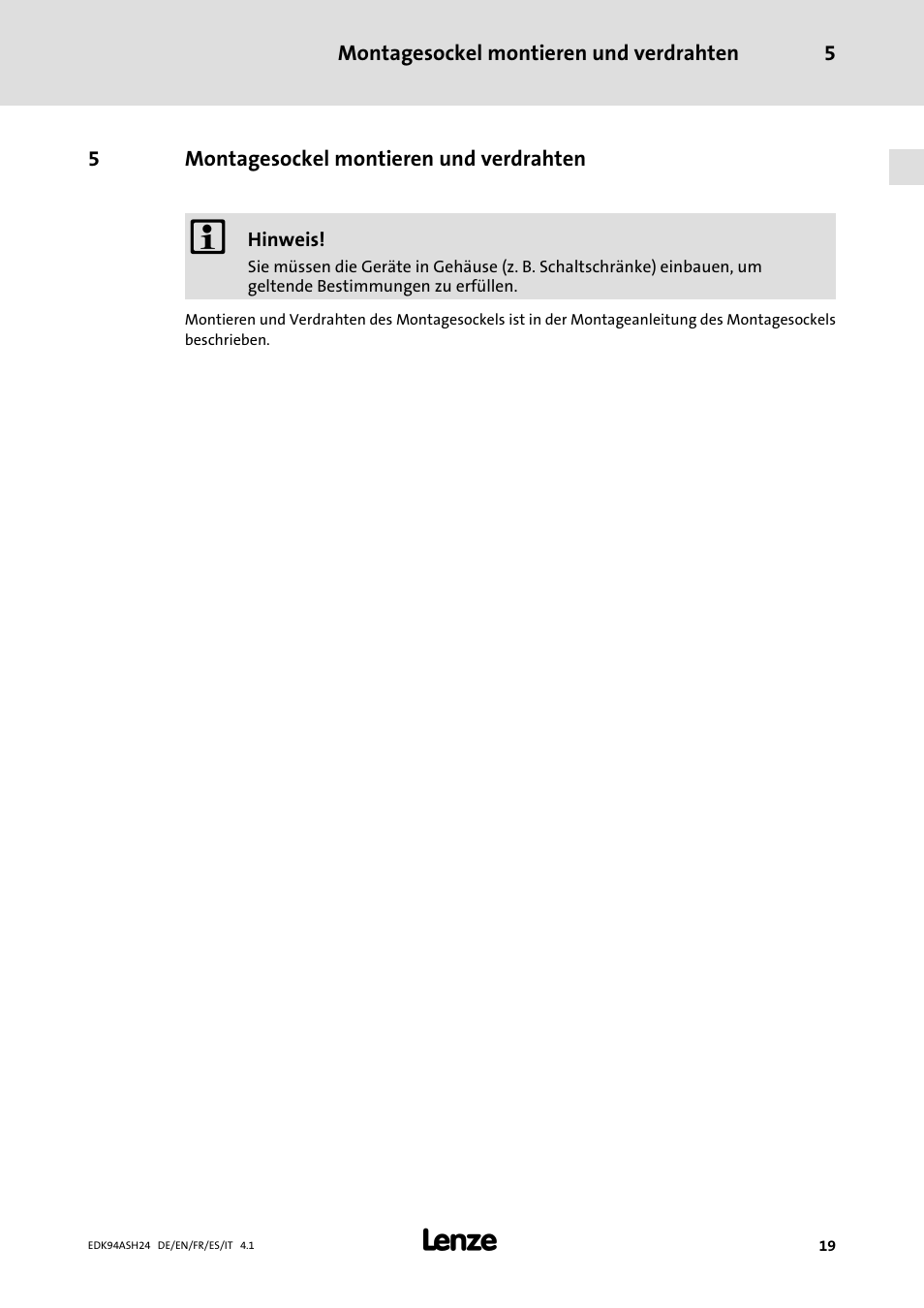 5 montagesockel montieren und verdrahten, Ab seite 19 | Lenze 9400 Mounting Instructions User Manual | Page 19 / 208