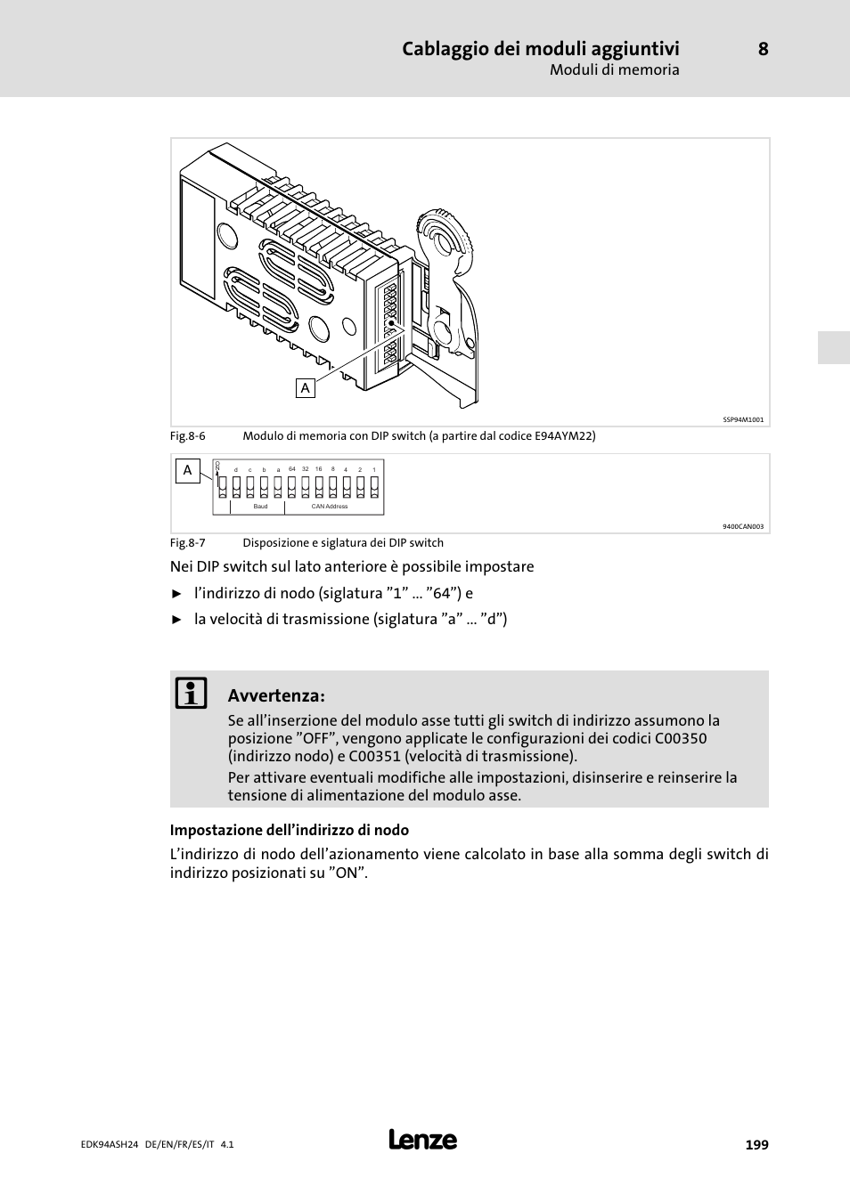 Cablaggio dei moduli aggiuntivi, Avvertenza, L’indirizzo di nodo (siglatura "1" ... "64") e | Lenze 9400 Mounting Instructions User Manual | Page 199 / 208