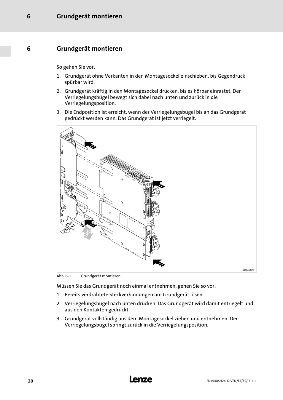 6 grundgerät montieren, Ab seite 20, Grundgerät montieren 6 | 6grundgerät montieren | Lenze 9400 Mounting Instructions User Manual | Page 20 / 208