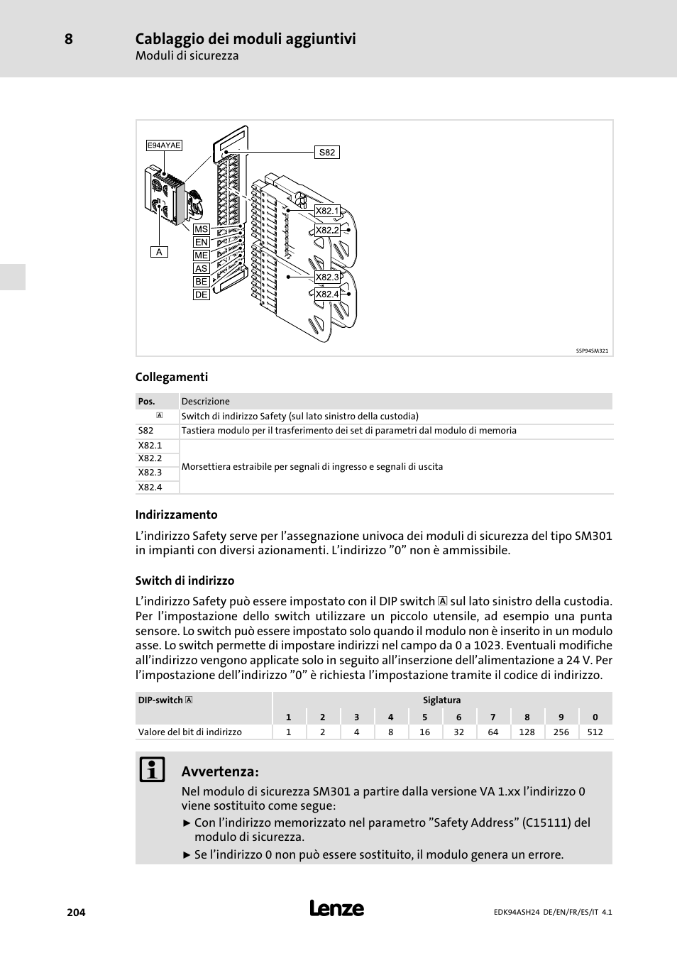 Cablaggio dei moduli aggiuntivi, Avvertenza | Lenze 9400 Mounting Instructions User Manual | Page 204 / 208