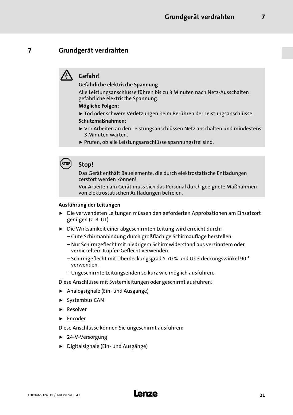 7 grundgerät verdrahten, Ab seite 21, Grundgerät verdrahten 7 | 7grundgerät verdrahten | Lenze 9400 Mounting Instructions User Manual | Page 21 / 208