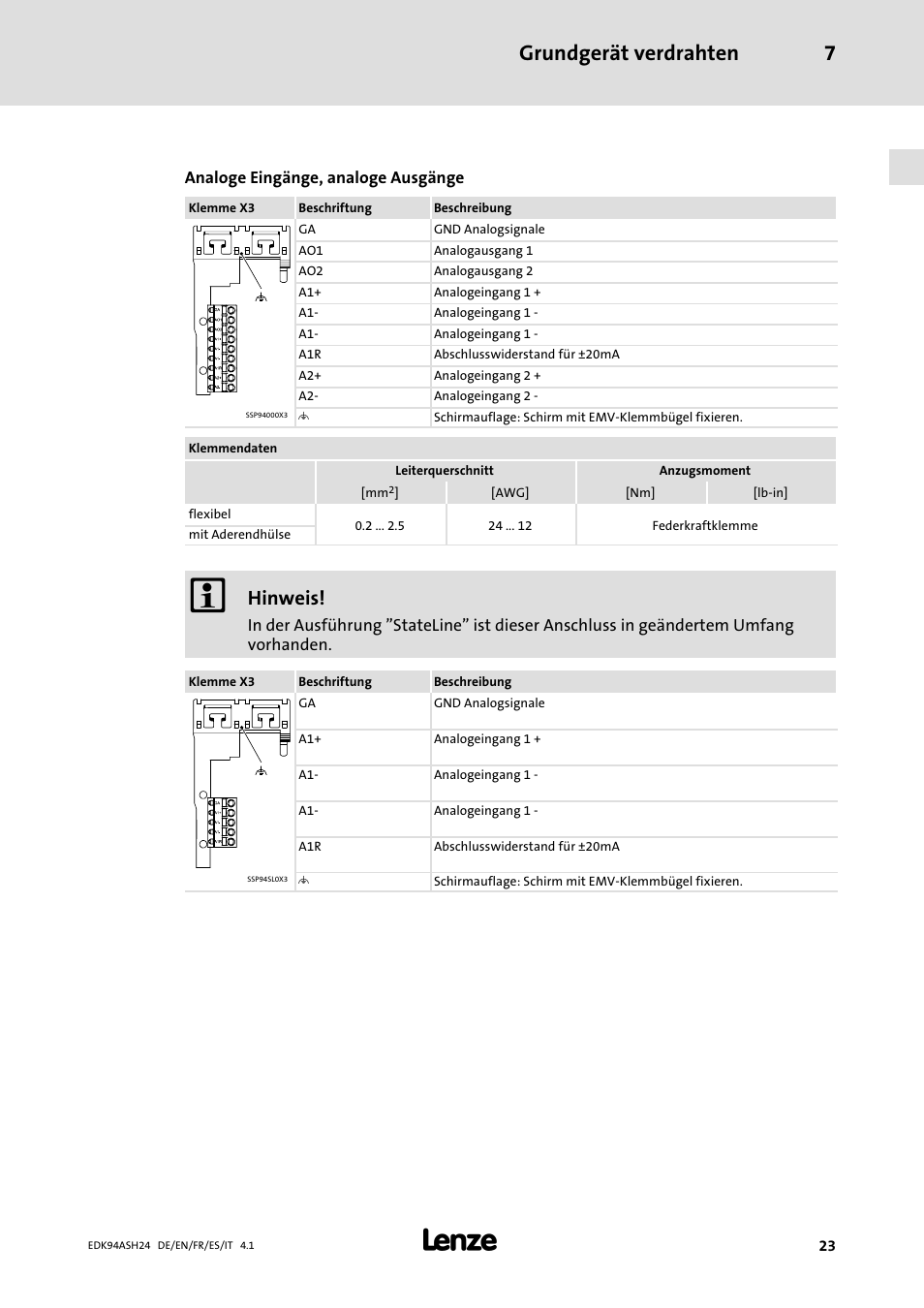 Grundgerät verdrahten 7, Hinweis | Lenze 9400 Mounting Instructions User Manual | Page 23 / 208