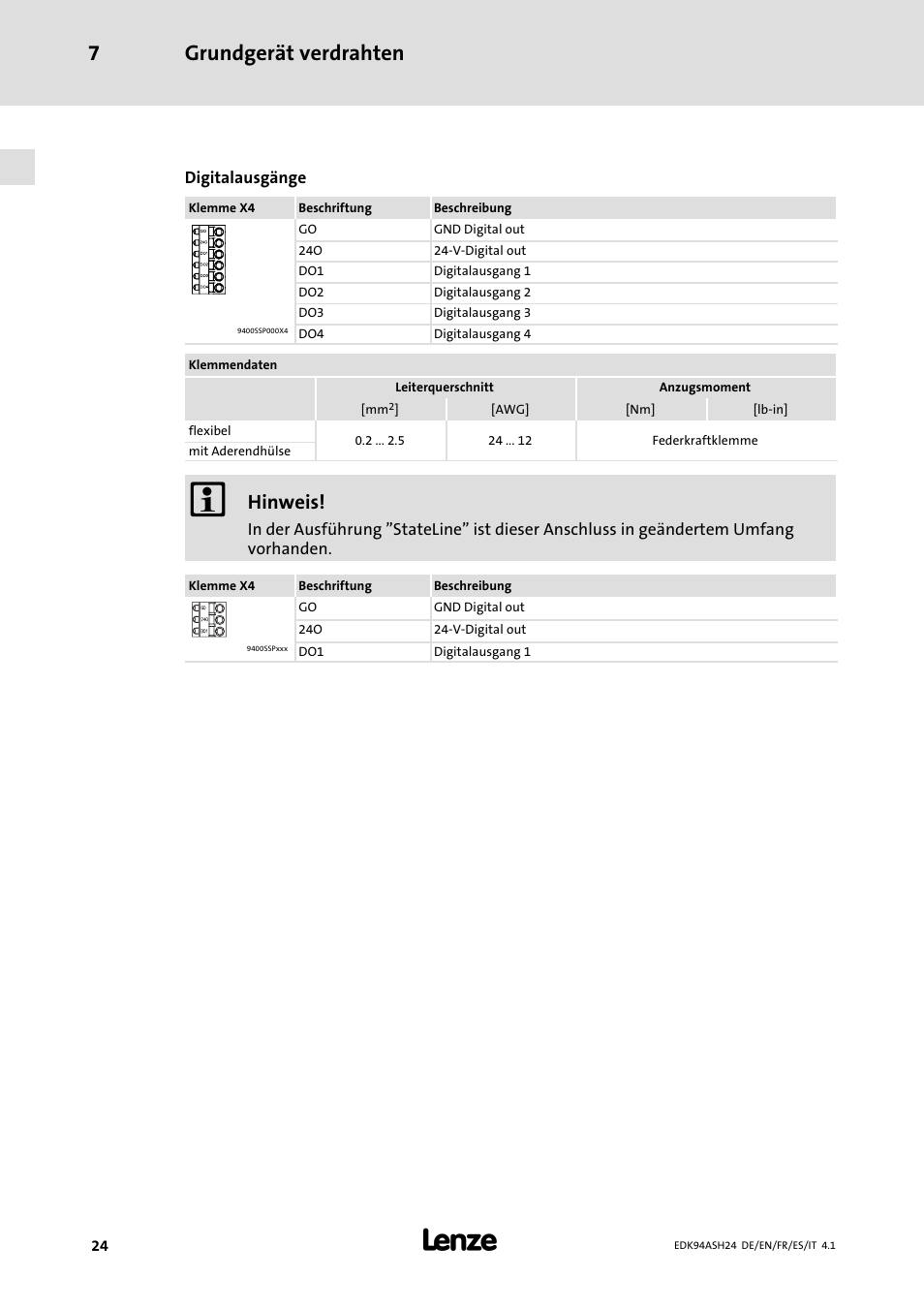 Grundgerät verdrahten 7, Hinweis | Lenze 9400 Mounting Instructions User Manual | Page 24 / 208