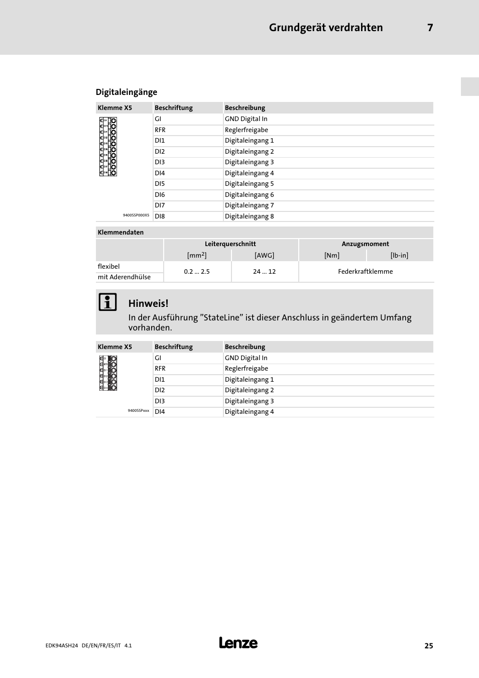 Grundgerät verdrahten 7, Hinweis | Lenze 9400 Mounting Instructions User Manual | Page 25 / 208