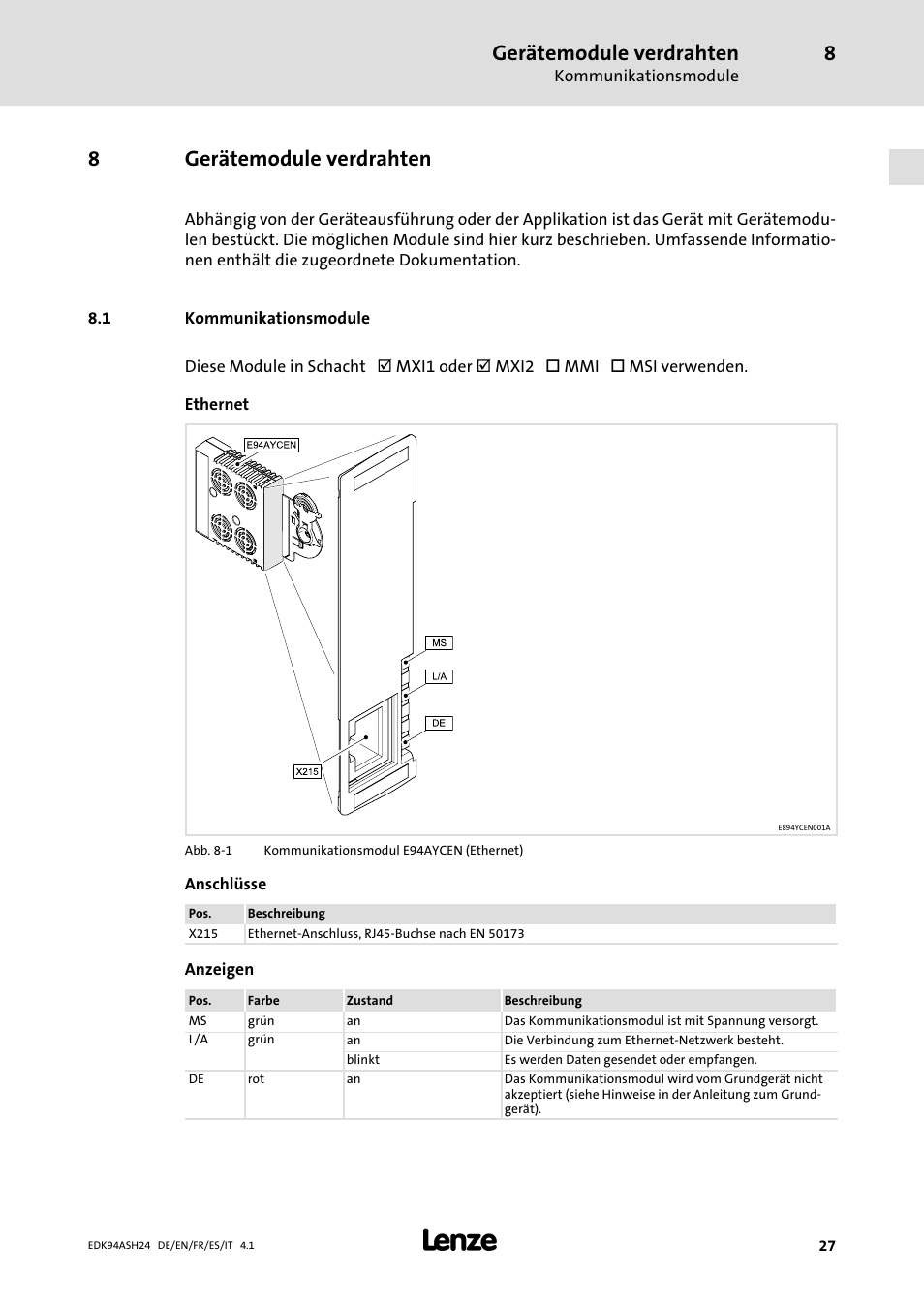 8 gerätemodule verdrahten, 1 kommunikationsmodule, Ab seite 27 | Gerätemodule verdrahten, 8gerätemodule verdrahten | Lenze 9400 Mounting Instructions User Manual | Page 27 / 208