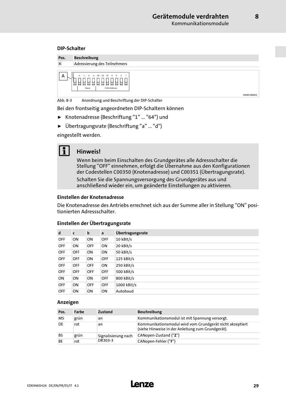Gerätemodule verdrahten, Hinweis, Kommunikationsmodule | Dip−schalter, Anzeigen | Lenze 9400 Mounting Instructions User Manual | Page 29 / 208