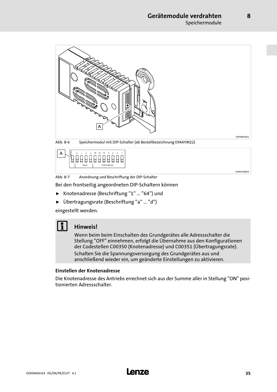 Gerätemodule verdrahten, Hinweis, Speichermodule | Lenze 9400 Mounting Instructions User Manual | Page 35 / 208