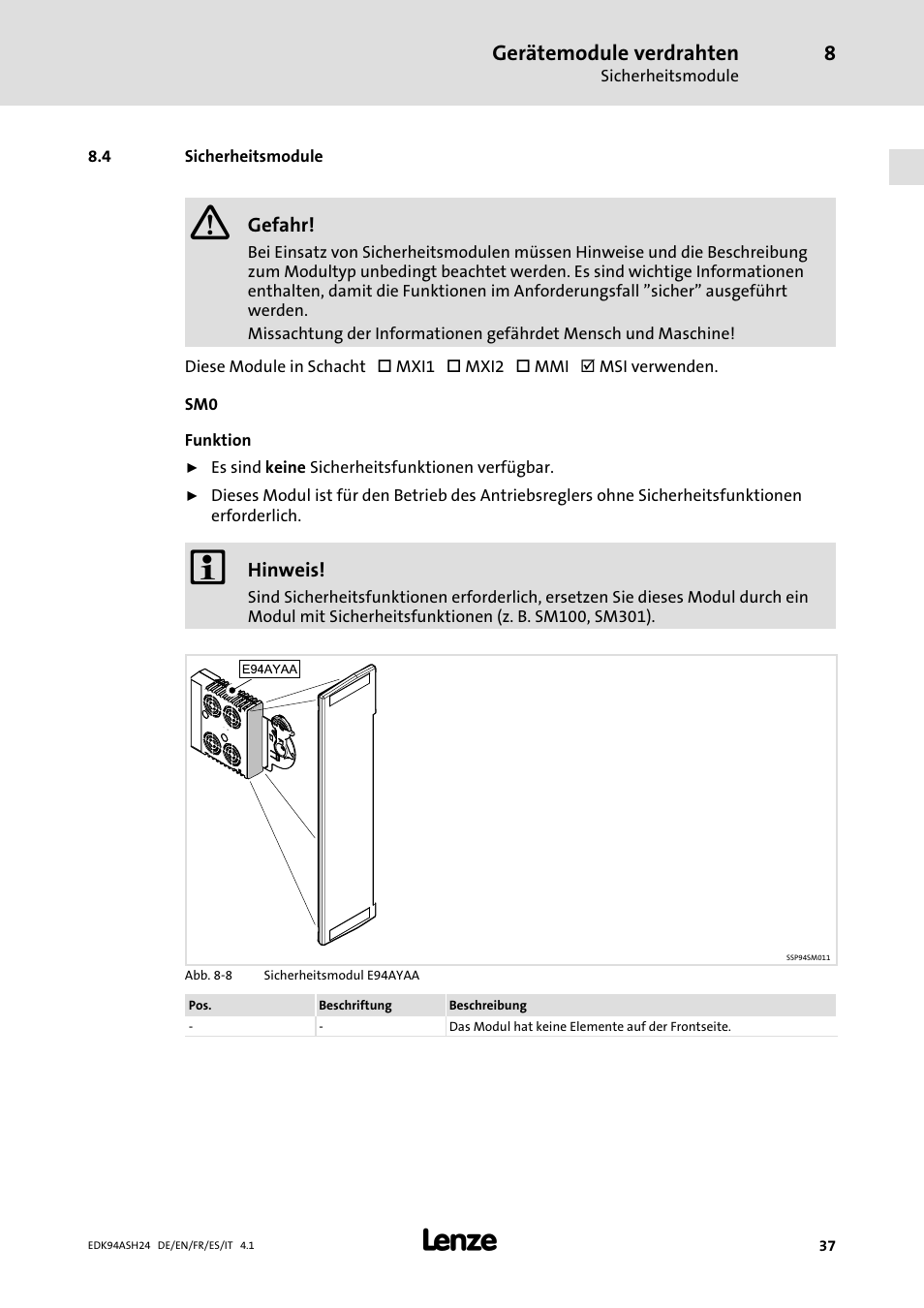 4 sicherheitsmodule, Gerätemodule verdrahten | Lenze 9400 Mounting Instructions User Manual | Page 37 / 208