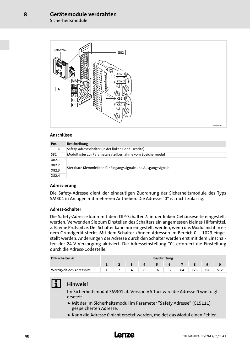 Gerätemodule verdrahten, Hinweis | Lenze 9400 Mounting Instructions User Manual | Page 40 / 208