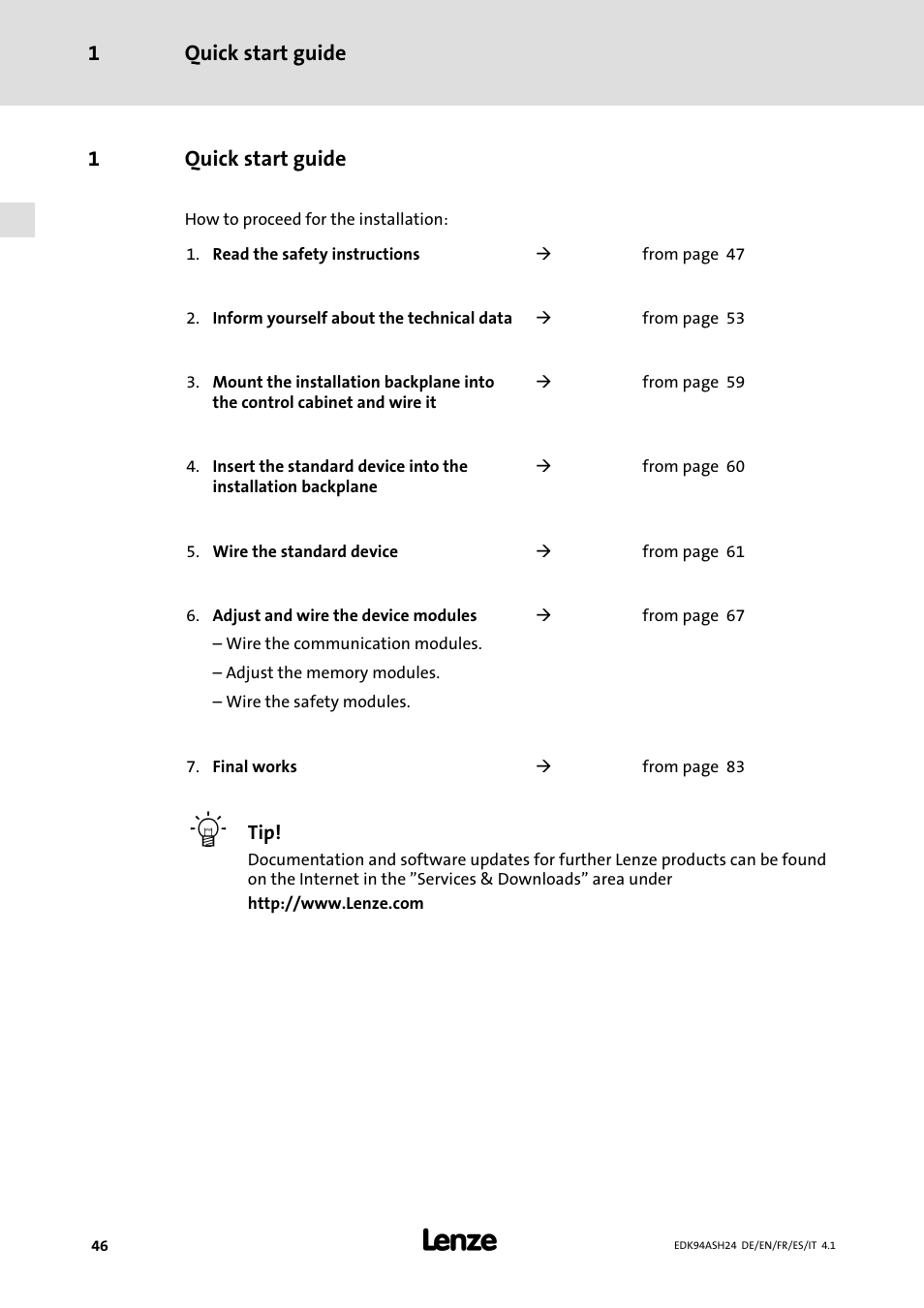 1 quick start guide, Quick start guide 1, 1quick start guide | Lenze 9400 Mounting Instructions User Manual | Page 46 / 208